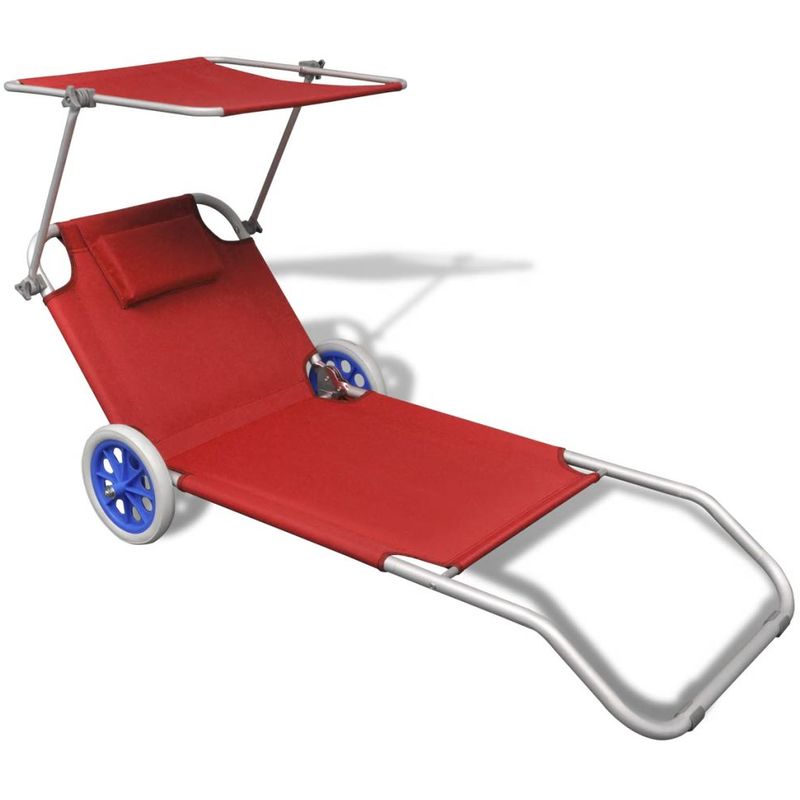 vidaXL Chaise longue pliable avec auvent et roues Aluminium Rouge vidaXL Chaise longue pliable avec auvent et roues Aluminium Rouge