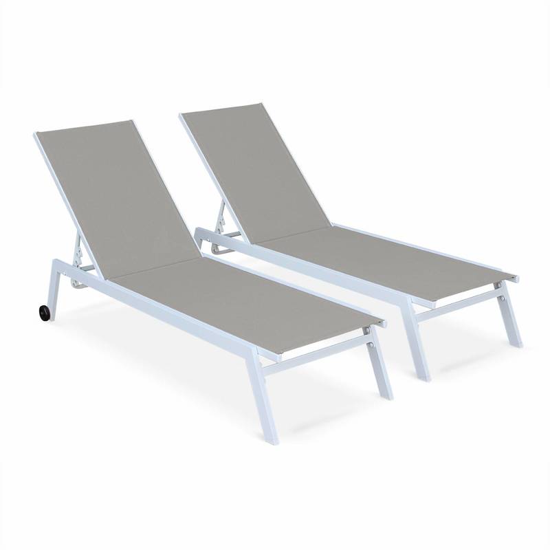 Lot de 2 bains de soleil ELSA en aluminium blanc et textilène taupe, transats multi positions avec roulettes - ALICE'S GARDEN