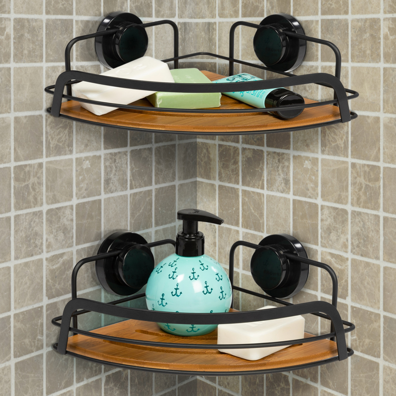 Lot de 2 étagères d'angle ventouse bambou et métal
