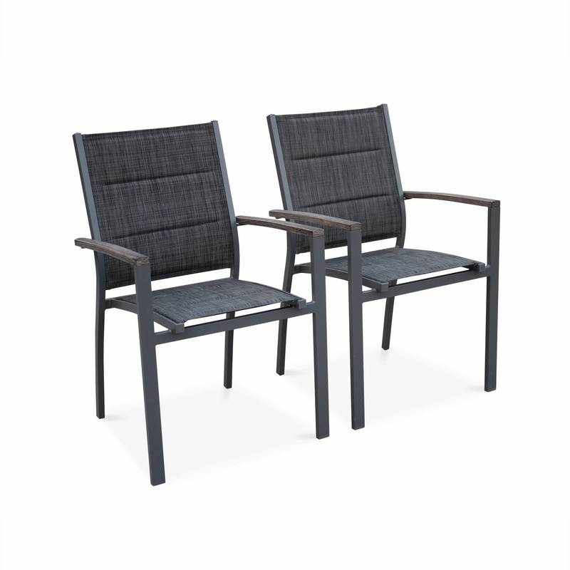 Lot de 2 fauteuils Chicago en aluminium et textilène gris foncé chiné empilables, aluwood effet bois vieilli - ALICE'S GARDEN