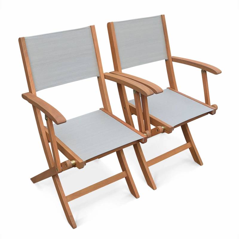 Lot de 2 fauteuils de jardin en bois Almeria, 2 fauteuils pliants Eucalyptus FSC huilé et textilène gris taupe - ALICE'S GARDEN