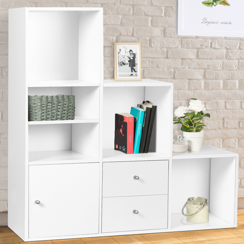 Meuble de rangement en escalier LIAM 3 niveaux bois blanc avec porte et tiroirs