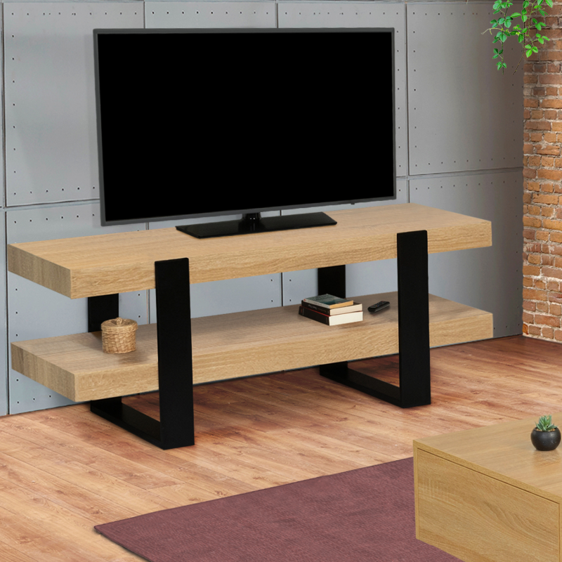 Meuble TV double plateau PHOENIX bois et noir
