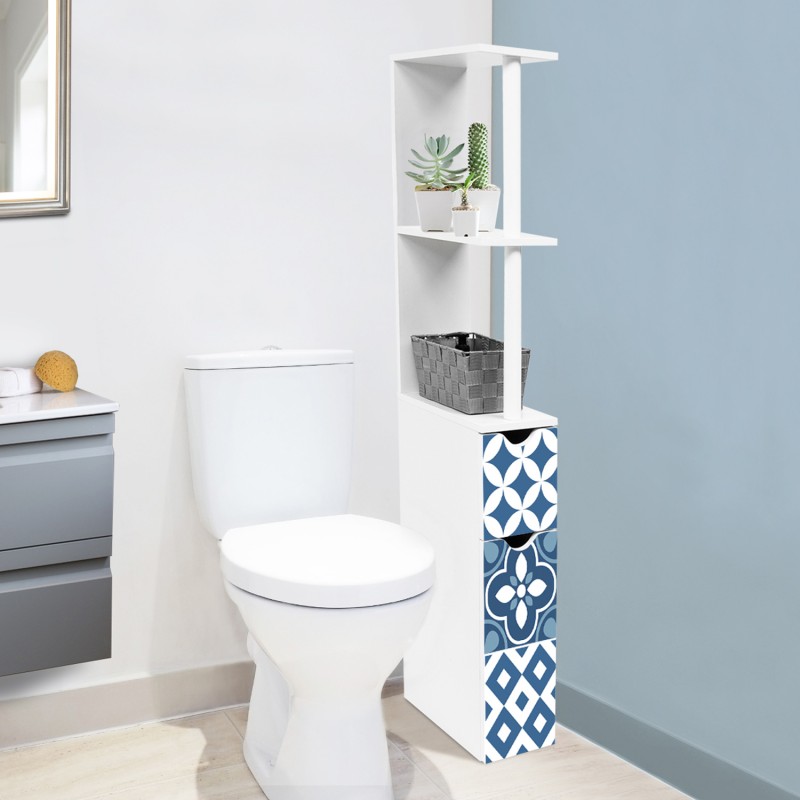 Meuble WC étagère 2 portes motif carreaux de ciment bleu