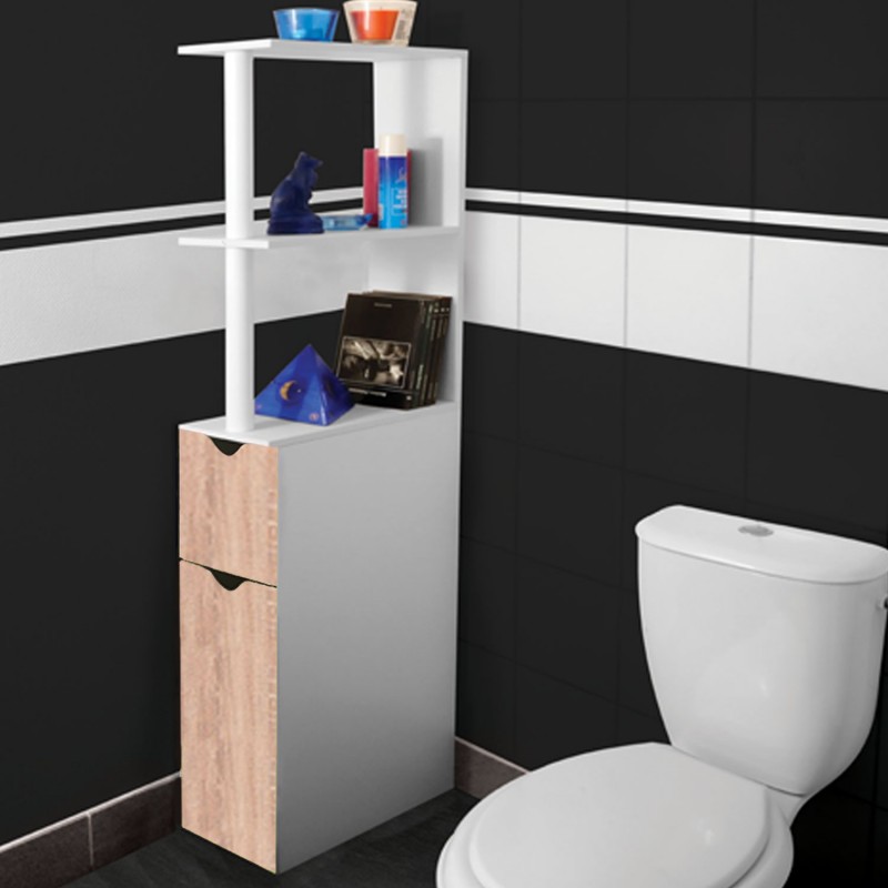 Meuble WC étagère bois gain de place pour toilette 2 portes hêtre