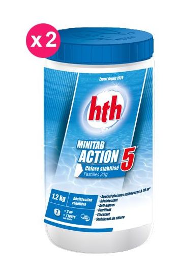 Pack 2 x HTH ACTION 5 - Chlore multifonction stabilisé - 1,2kg (pastille 20g) Pack 2 x HTH ACTION 5 - Chlore multifonction stabilisé - 1,2kg (pastille 20g)