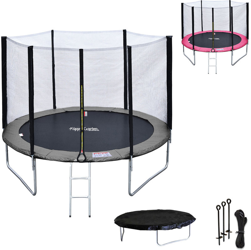 Pack Premium Trampoline 305cm réversible gris / rose ADELAÏDE + filet, échelle, bâche et kit d'ancrage - HAPPY GARDEN