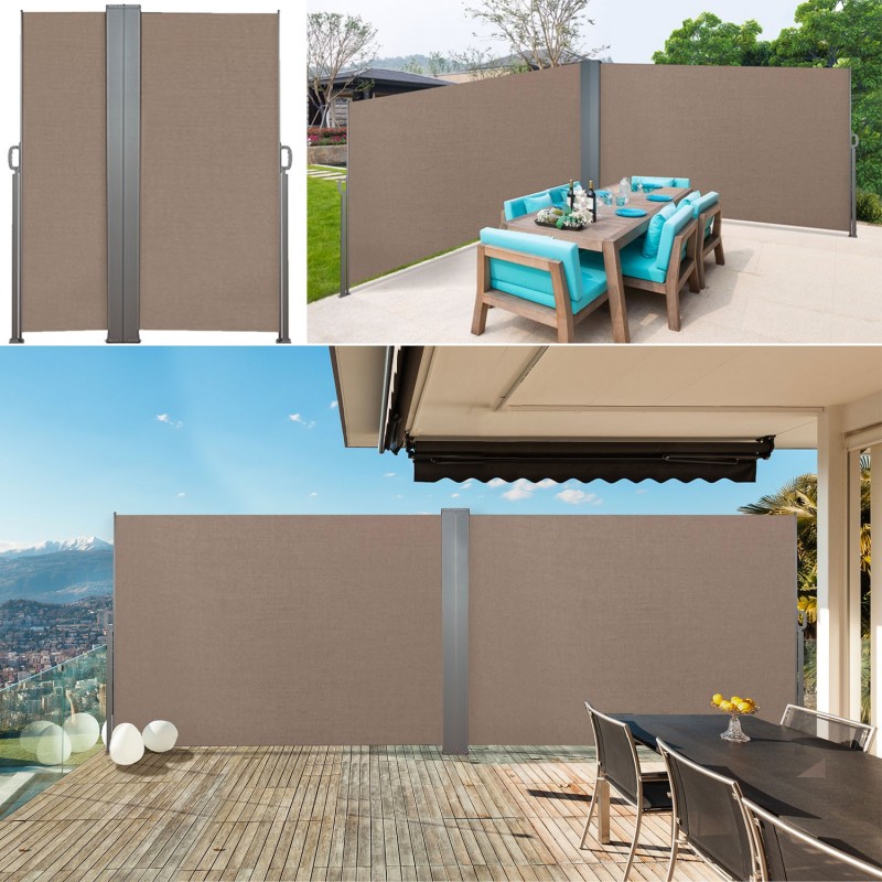 Paravent double rétractable 600 x 160 cm store taupe latéral