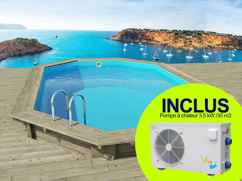 Piscine bois Miami - 4.86 x 3.36 x 1.20 m + Pompe à chaleur 3,5 kW/ 30 m3
