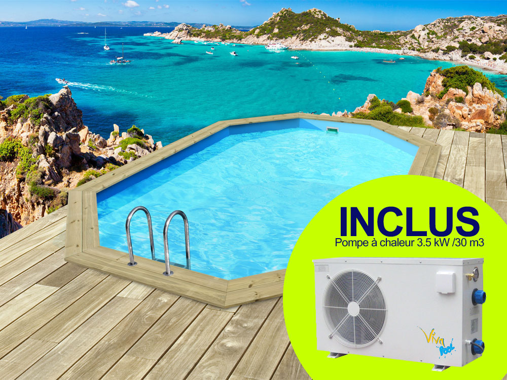 Piscine bois Baléares - 6.50 x 4.40 x 1.31 m + Pompe à chaleur 3.5 kW