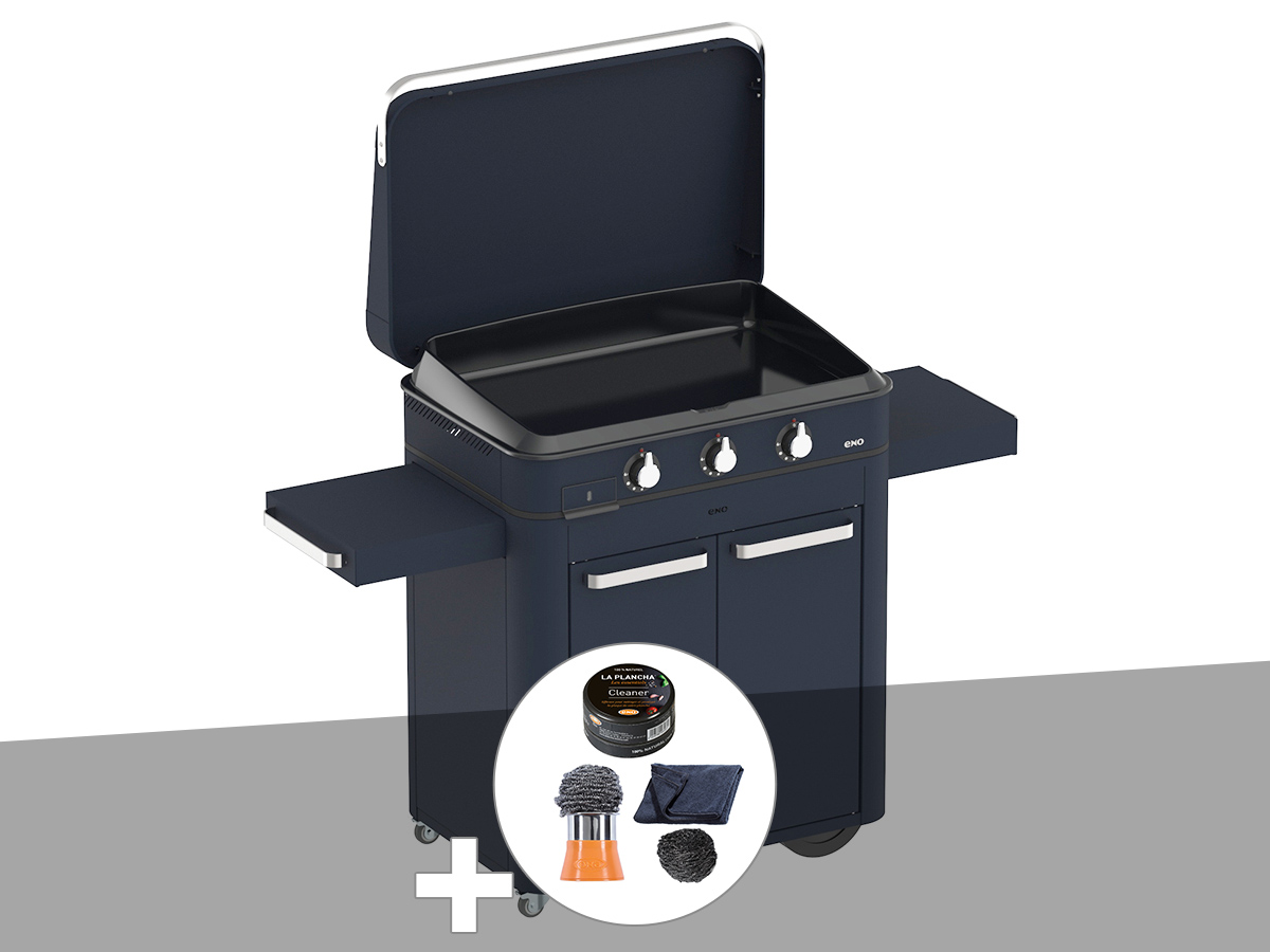 Plancha à gaz sur chariot Combo ENOSIGN 80 Bleu Navy - Eno + Coffret Nettoyage