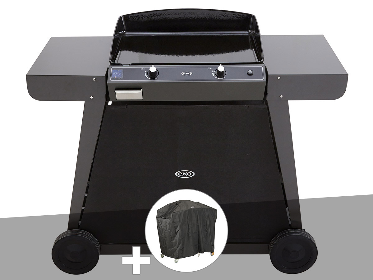 Plancha gaz 2 brûleurs Bergerac 60 + chariot 54 x 38 cm 6 kW + Housse