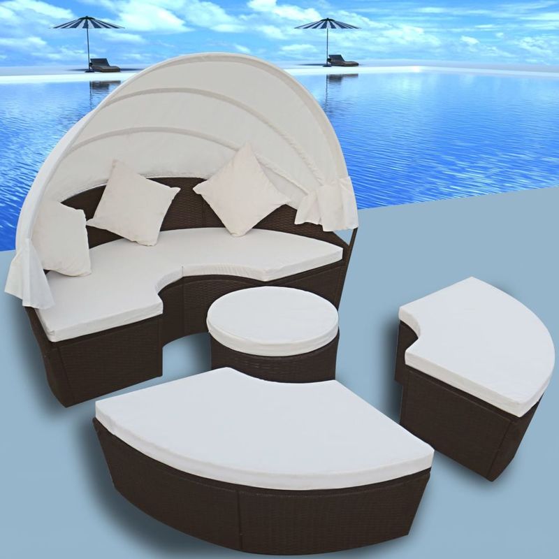 vidaXL Jeu de chaise longue 12 pcs avec auvent Marron Résine tressée