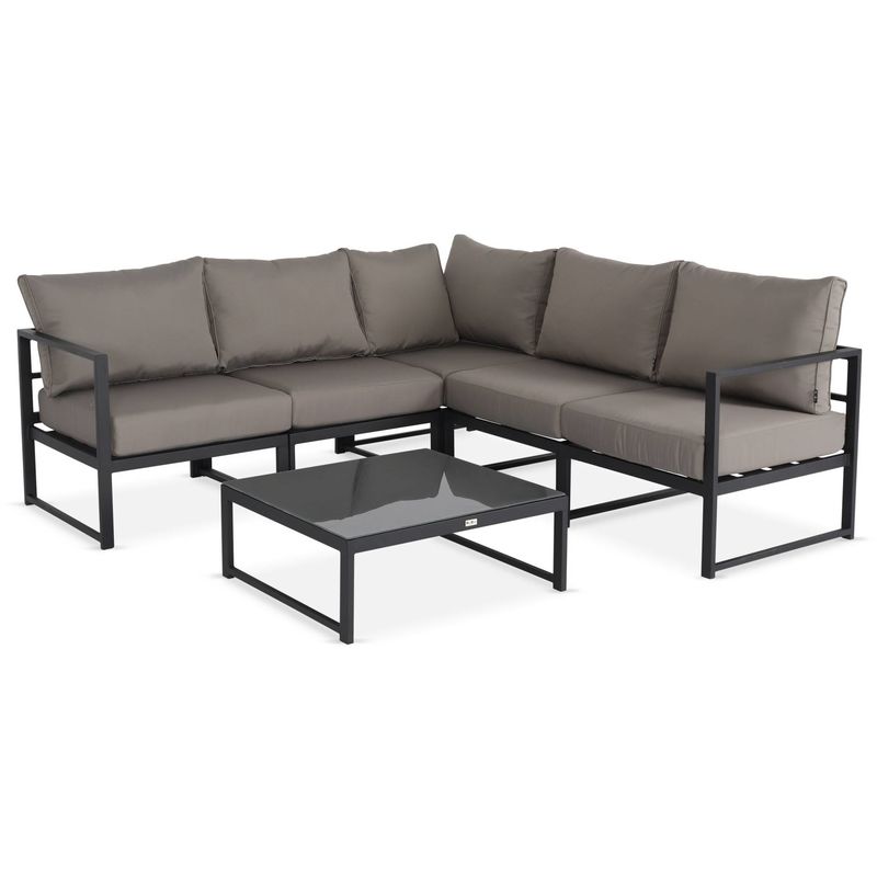 Salon de jardin 5 places Stratum en aluminium, structure anthracite et coussins taupe, design et modulable, coussins épais - ALICE'S GARDEN