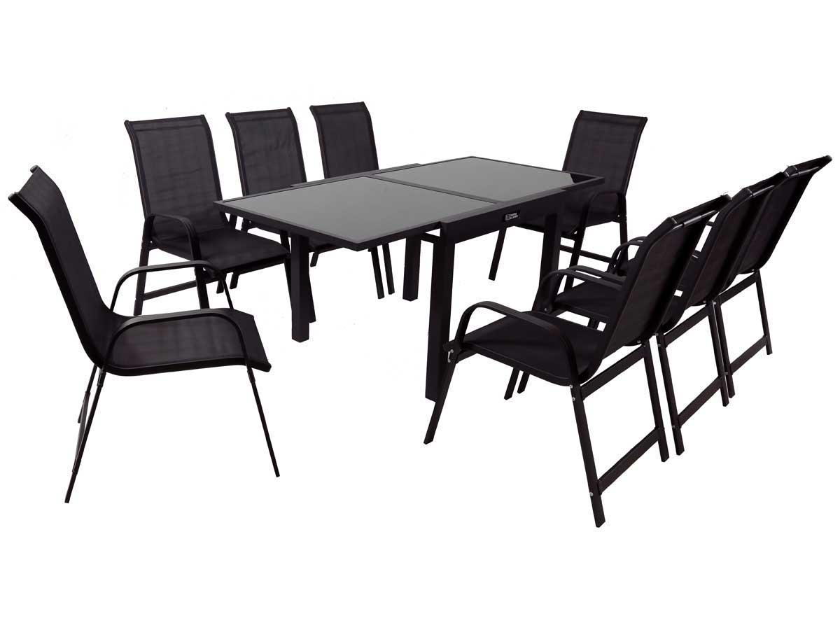 Salon de Jardin extensible 90/180 Porto 8 - Phoenix - Noir - 1 Table + 8 Fauteuils