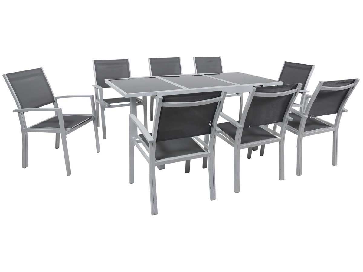 Salon de Jardin extensible 120/180 Tropic 8 - Phoenix - Argent/Gris foncé - 1 Table + 8 Fauteuils