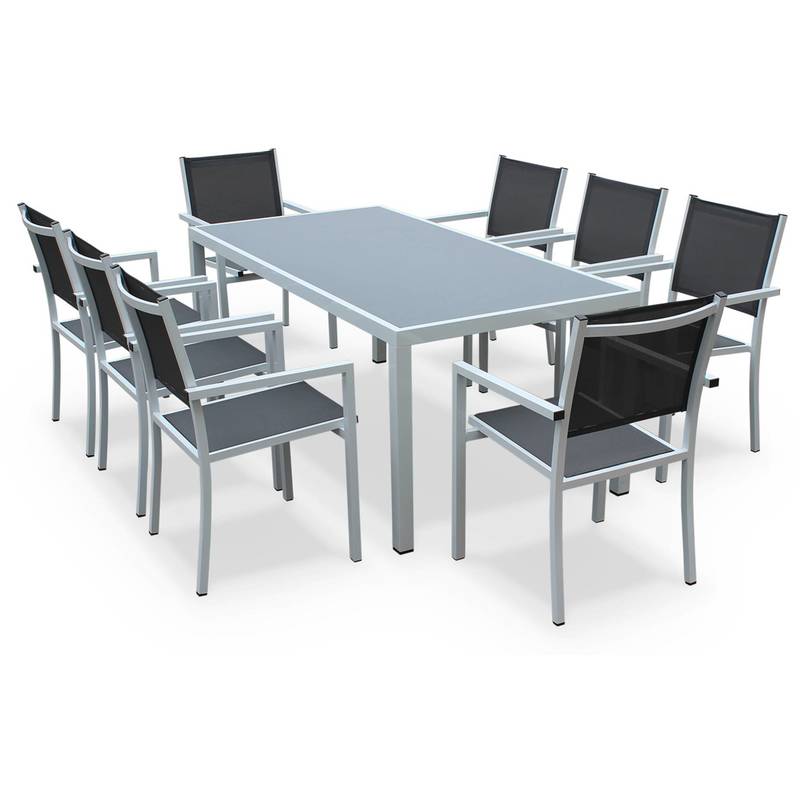 Salon de jardin aluminium table 180cm, 8 fauteuils en textilène gris et alu Blanc - ALICE'S GARDEN Salon de jardin aluminium table 180cm, 8 fauteuils en textilène gris et alu Blanc - ALICE'S GARDEN