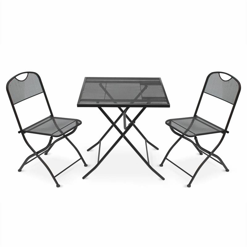 Salon de jardin bistrot pliable Lina carré anthracite avec 2 chaises pliantes, acier thermolaqué , table et chaises perforées - ALICE'S GARDEN Salon de jardin bistrot pliable Lina carré anthracite avec 2 chaises pliantes, acier thermolaqué , table et chaises perforées - ALICE'S GARDEN