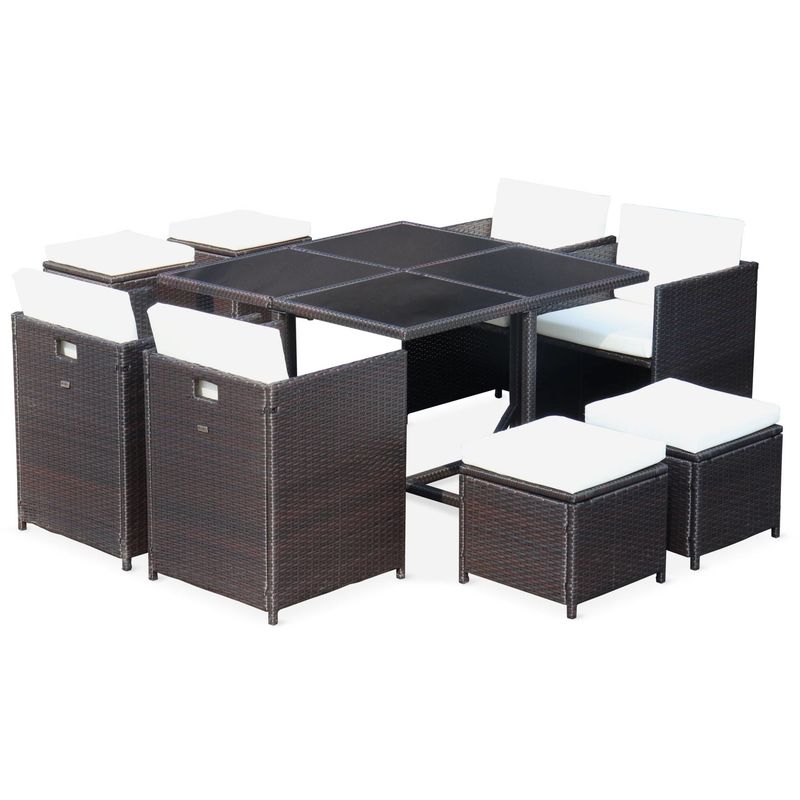 Salon de jardin Cubo chocolat table en résine tressée 4 à 8 places, fauteuils encastrables - ALICE'S GARDEN Salon de jardin Cubo chocolat table en résine tressée 4 à 8 places, fauteuils encastrables - ALICE'S GARDEN