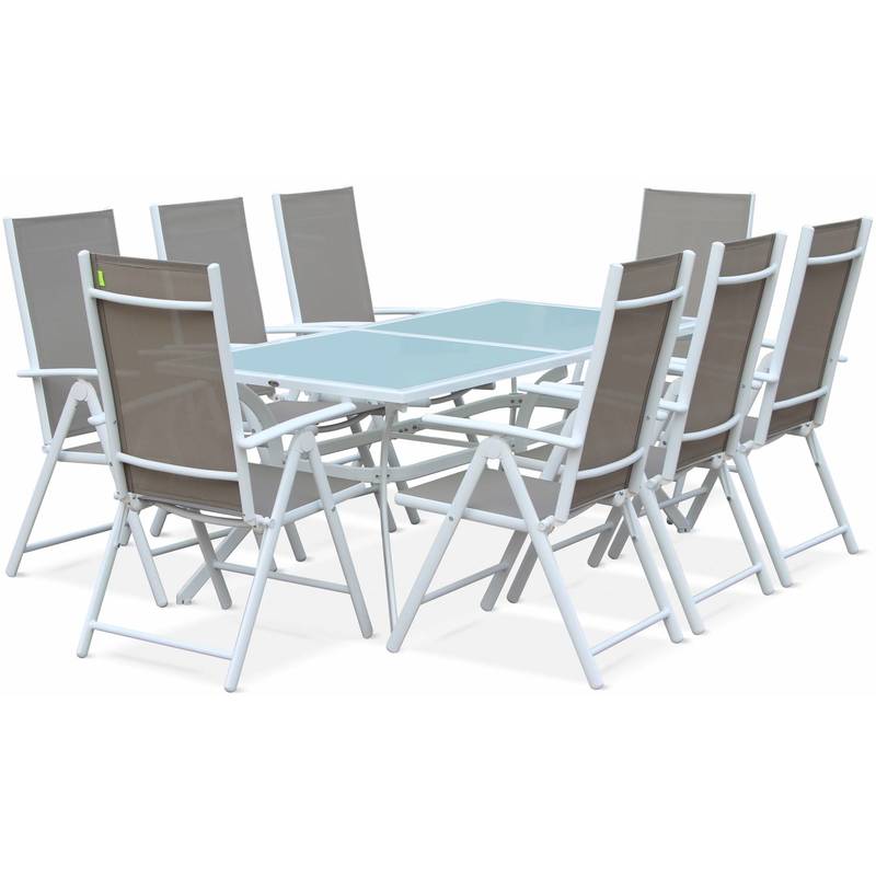 Salon de jardin en aluminium table 8 places Blanc textilène fauteuil Taupe - ALICE'S GARDEN