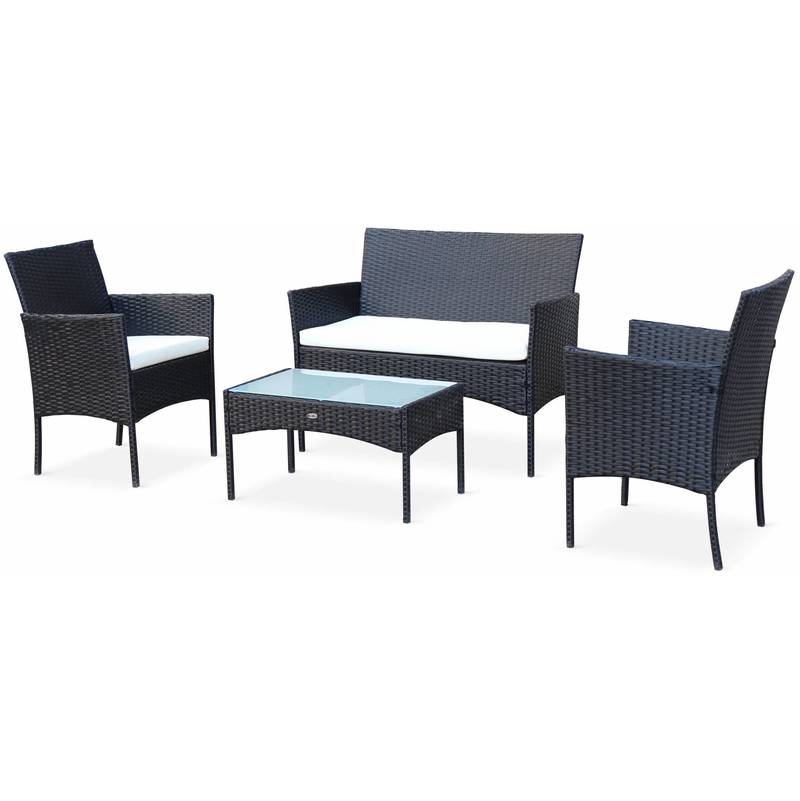 Salon de jardin en résine tressée - Moltès - Noir, Coussins écrus - 4 places - 1 canapé, 2 fauteuils, une table basse - ALICE'S GARDEN Salon de jardin en résine tressée - Moltès - Noir, Coussins écrus - 4 places - 1 canapé, 2 fauteuils, une table basse - ALICE'S GARDEN
