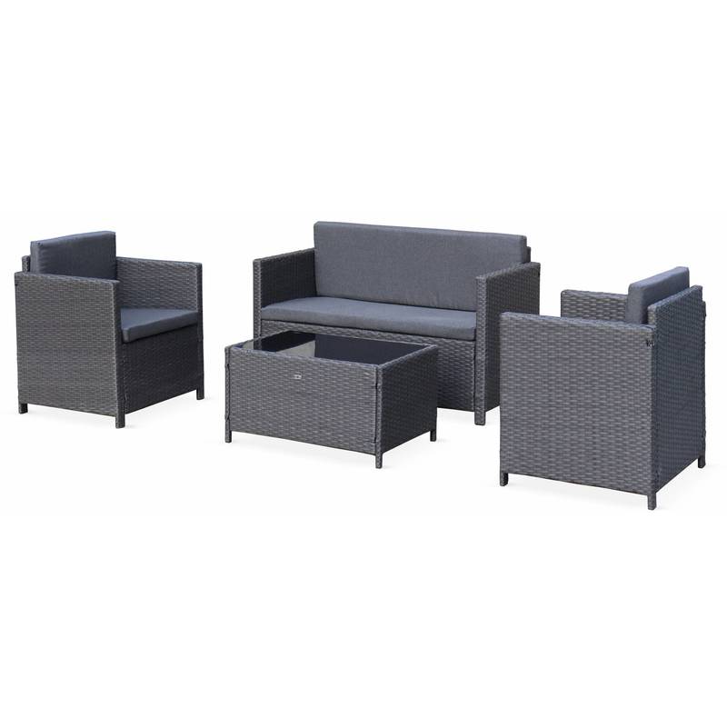 Salon de jardin en résine tressée - Perugia - Gris, Coussins gris chiné- 4 places - 1 canapé, 2 fauteuils, une table basse - ALICE'S GARDEN Salon de jardin en résine tressée - Perugia - Gris, Coussins gris chiné- 4 places - 1 canapé, 2 fauteuils, une table basse - ALICE'S GARDEN