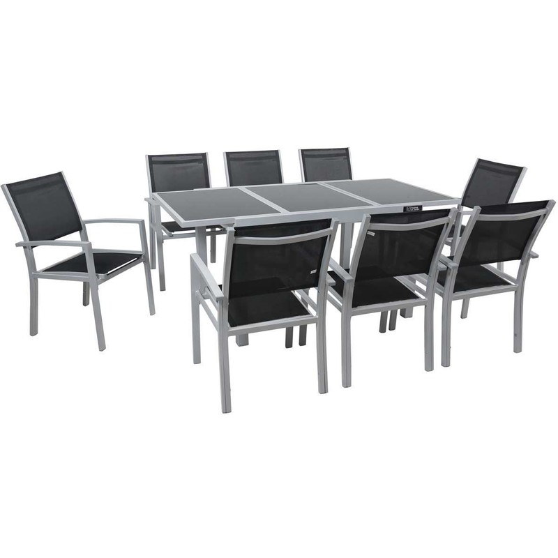 Salon de Jardin extensible 120/180 "Tropic 8" - Phoenix - Argent/Noir- 1 Table + 8 Fauteuils - HABITAT ET JARDIN