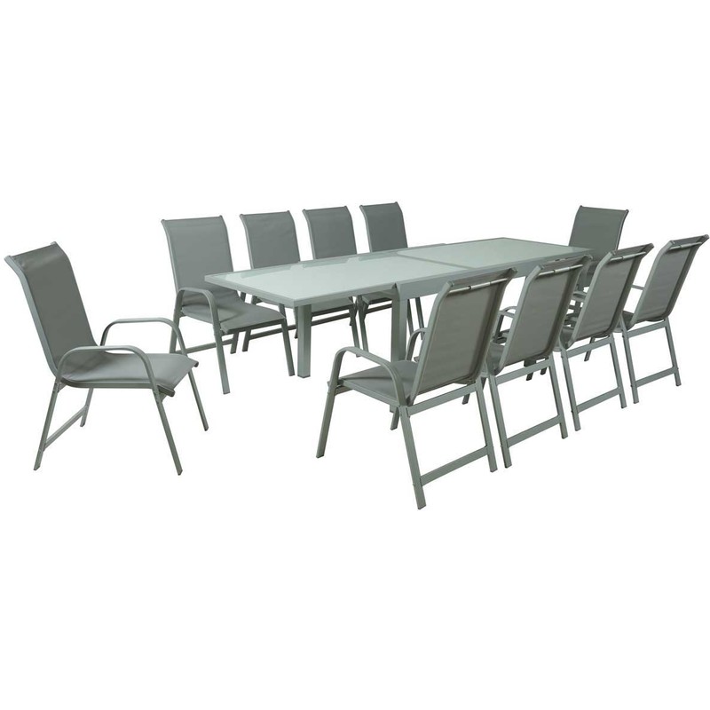 Salon de Jardin extensible 140/280 "Porto 10" - Phoenix - Argenté/Gris clair - 1 Table + 10 Fauteuils - HABITAT ET JARDIN