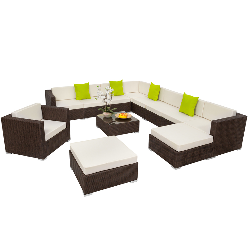 Salon de jardin LAS VEGAS - 9 Fauteuils, 2 Tabourets, 1 Table en Résine Tressée Poly Rotin en aluminium Marron foncé - TECTAKE