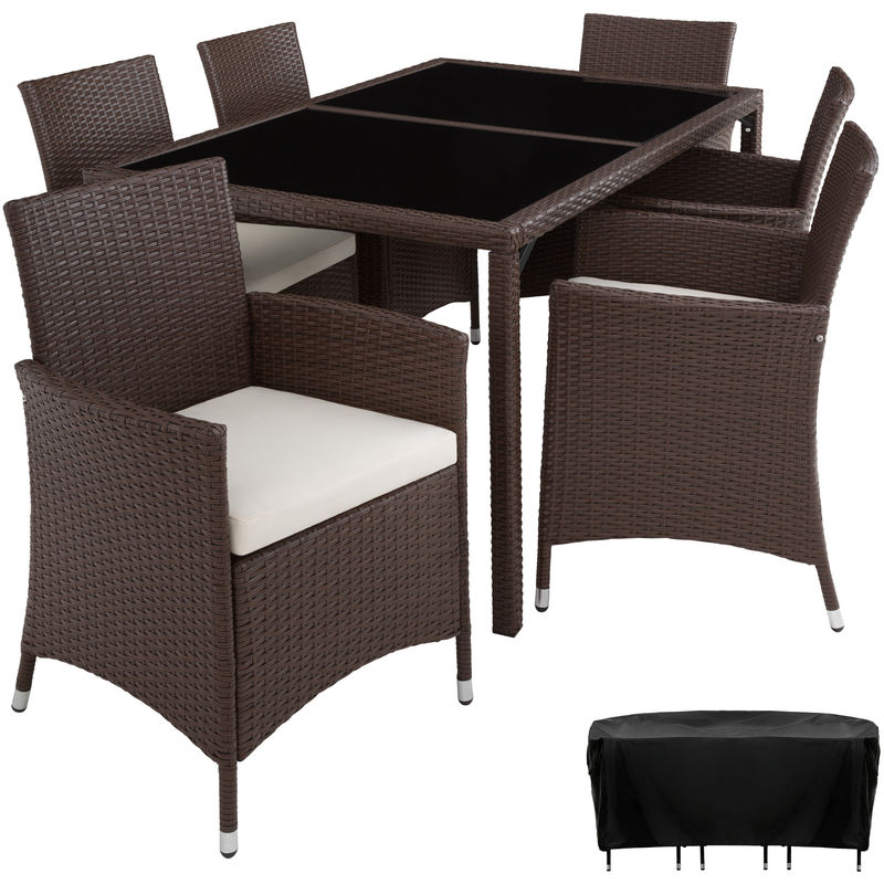 Salon de Jardin Lisbonne, Ensemble avec 6 Chaises Fauteuils, 1 Table et 1 Housse Résine tressée Acier Marron - TECTAKE