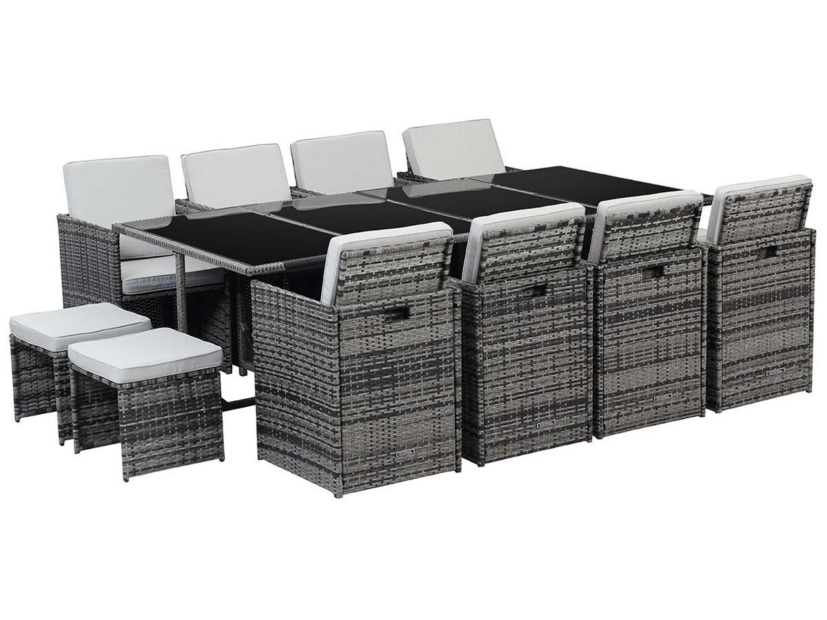 Salon de jardin en résine tressée Chicago 8 + 2 poufs - Florida - Gris