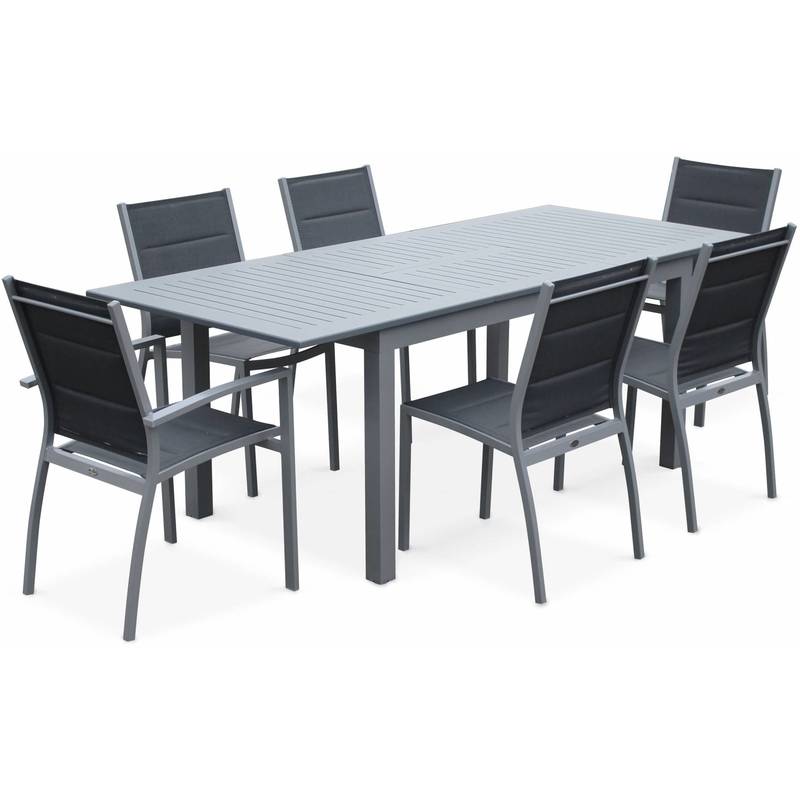 Salon de jardin table extensible - Chicago 210 Gris - Table en aluminium 150/210cm avec rallonge et 6 assises en textilène - ALICE'S GARDEN Salon de jardin table extensible - Chicago 210 Gris - Table en aluminium 150/210cm avec rallonge et 6 assises en textilène - ALICE'S GARDEN