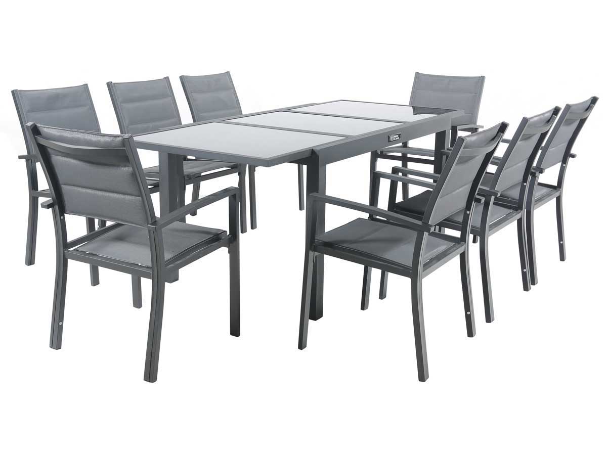 Salon de Jardin extensible 140/200 Brazil 8 - Phoenix - Noir/Gris foncé - 1 Table + 8 Fauteuils