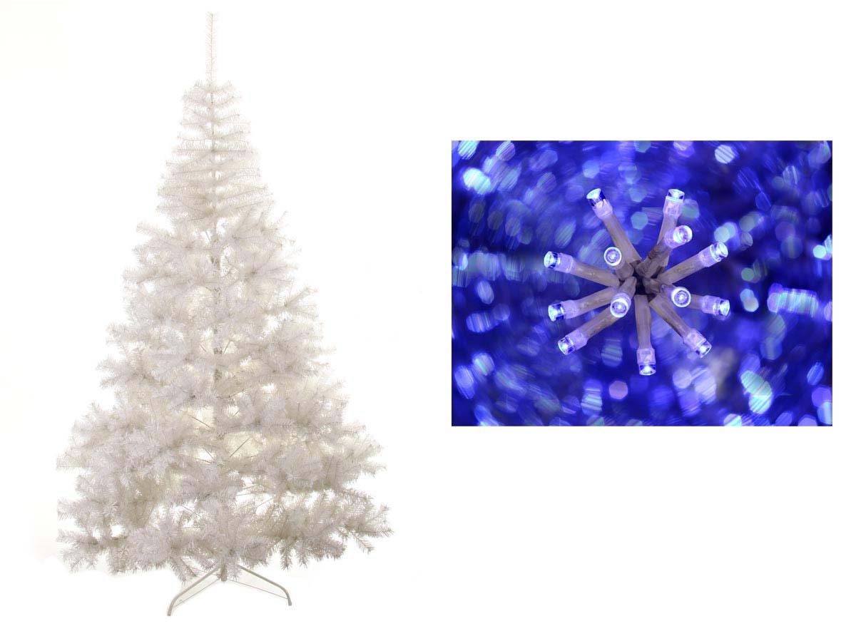 Sapin de Noel artificiel Blanc 150 cm + Guirlande 2.50 m bleue