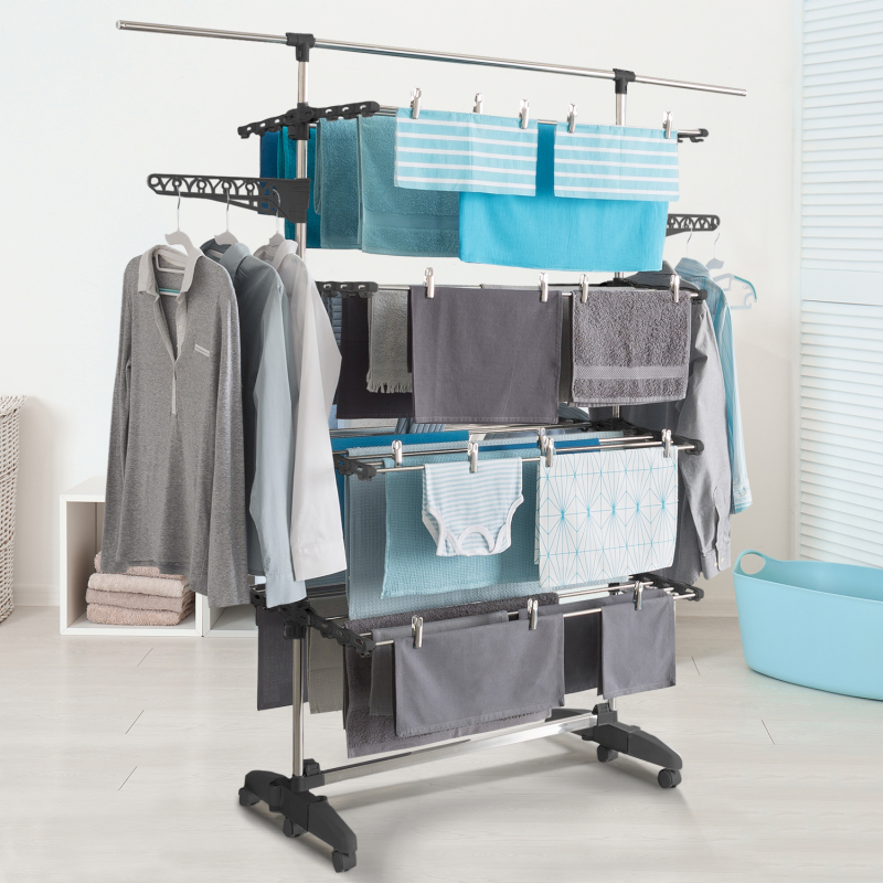 Séchoir à linge gris 4 niveaux réglables XXL + barre télescopique