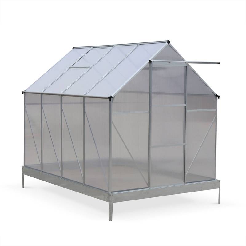 Serre de jardin CHENE en polycarbonate 5m² avec base, 2 lucarnes de toit, gouttière, Polycarbonate 4mm - ALICE'S GARDEN