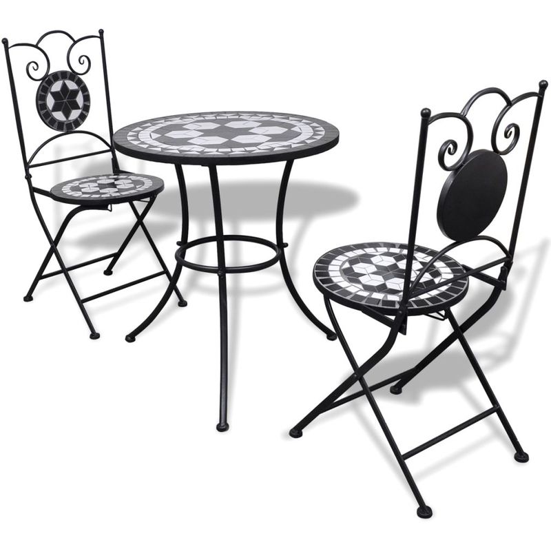 vidaXL Table de bistro 60 cm et 2 chaises Mosaïqué Noir/Blanc