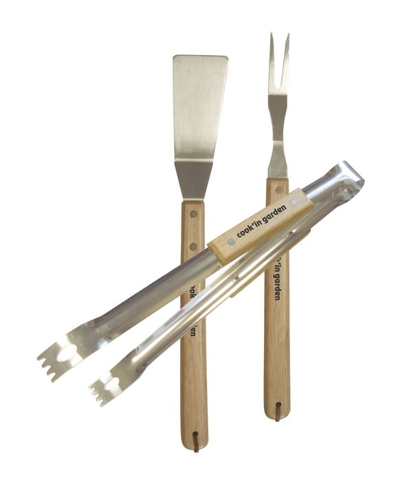 Set pince + fourchette + spatule inox et bois Cook'In Garden