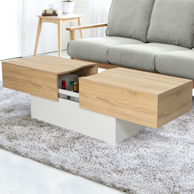 Table basse bar coulissante MARTA bois blanc et imitation hêtre