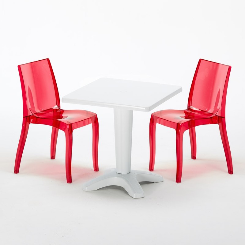 Table bistrot et 2 chaises colorées polycarbonate extérieurs Grand Soleil BALCONY | Cristal Light Rouge transparent - Blanc