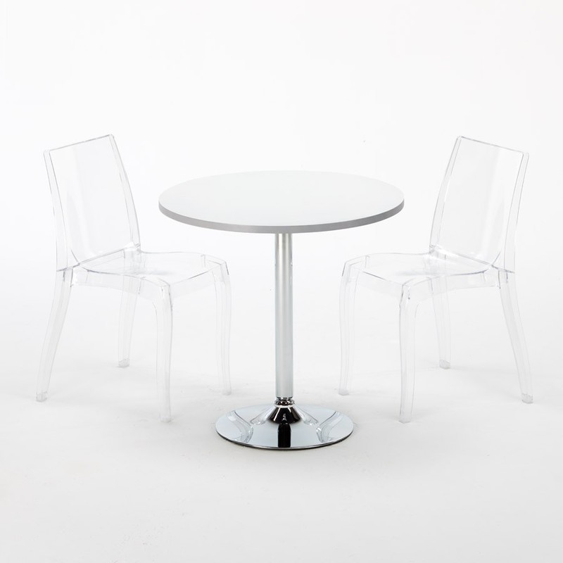 Table carré et ronde avec 2 Chaises colorées et transparentes intérieur Café Bar DEHOR | Cristal Light Trasparente - Blanc - Rond - GRAND SOLEIL
