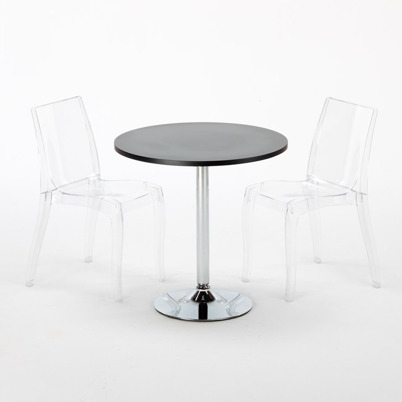 Table carré et ronde avec 2 Chaises colorées et transparentes intérieur Café Bar DEHOR | Cristal Light Trasparente - Noir - Rond - GRAND SOLEIL