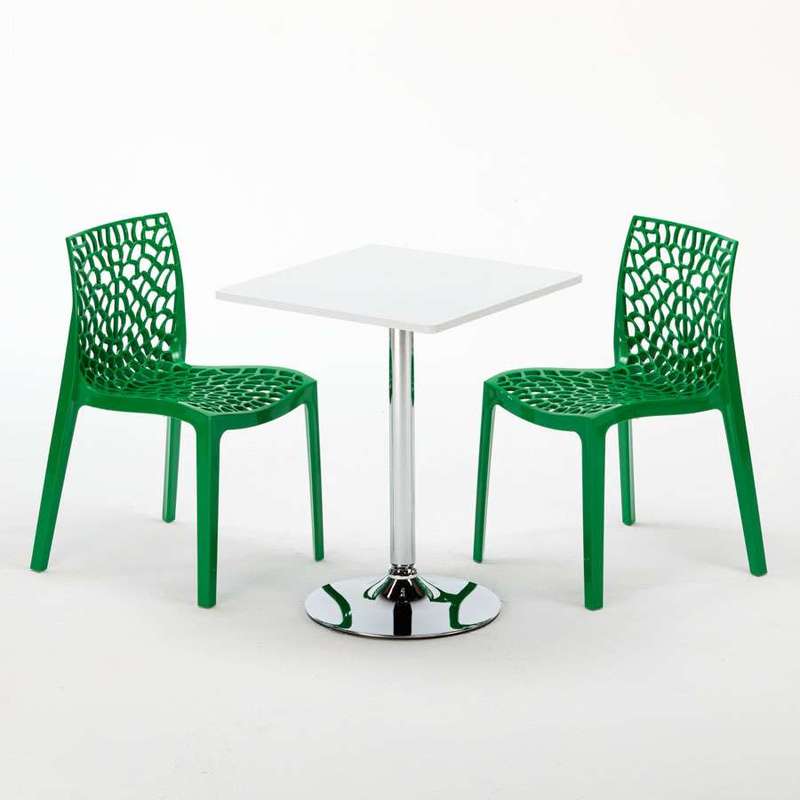 Table Carrèe Blanc + 2 Chaises Colorées Grand Soleil Set Interieur Bar Café COCKTAIL | Blanc - Carré - Gruvyer Vert