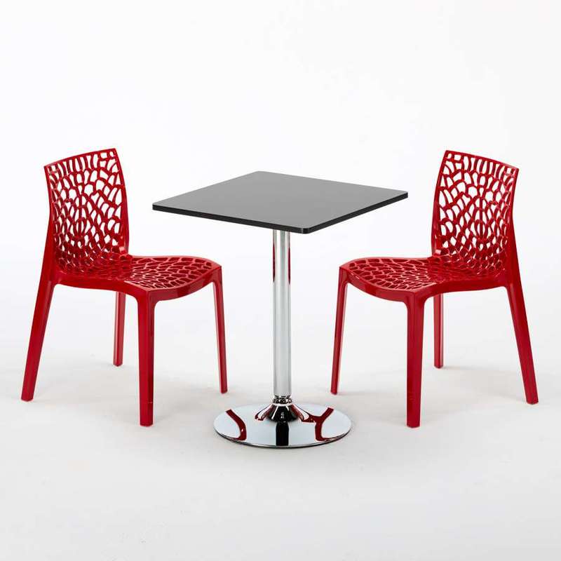 Table Noir et 2 Chaises Colorées Polypropylene Set Interieur Bar Café MOJITO | Gruvyer rouge - Noir - Carré - GRAND SOLEIL