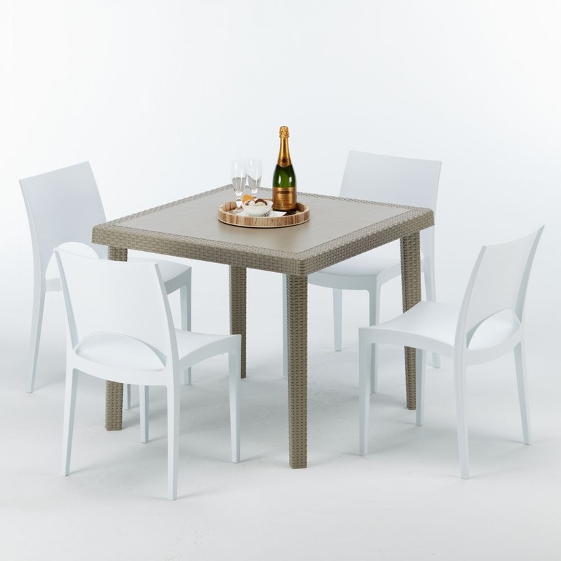 Table carrée beige + 4 chaises colorées Poly rotin synthétique ELEGANCE | Paris Blanc - GRAND SOLEIL Table carrée beige + 4 chaises colorées Poly rotin synthétique ELEGANCE | Paris Blanc - GRAND SOLEIL