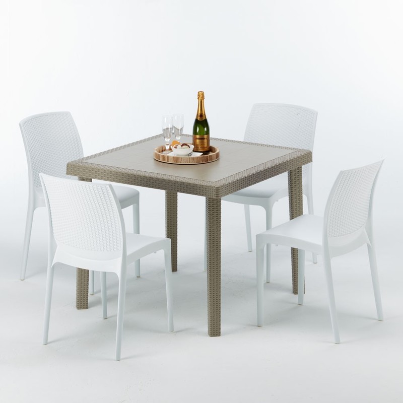 Table carrée beige + 4 chaises colorées Poly rotin synthétique ELEGANCE | Boheme Blanc - GRAND SOLEIL Table carrée beige + 4 chaises colorées Poly rotin synthétique ELEGANCE | Boheme Blanc - GRAND SOLEIL