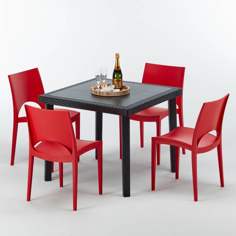 Table carrée et 4 chaises Poly rotin resine bar bistrot cafè exterieur 90x90 noir | Paris rouge - GRAND SOLEIL Table carrée et 4 chaises Poly rotin resine bar bistrot cafè exterieur 90x90 noir | Paris rouge - GRAND SOLEIL