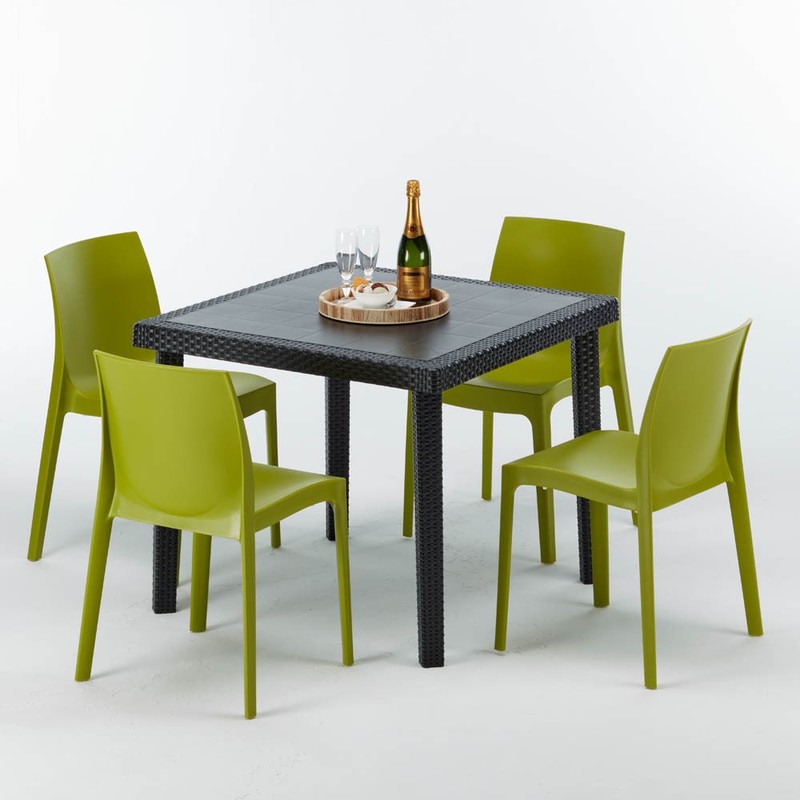 Table carrée et 4 chaises Poly rotin resine bar bistrot cafè exterieur 90x90 noir | Rome Anis vert - GRAND SOLEIL Table carrée et 4 chaises Poly rotin resine bar bistrot cafè exterieur 90x90 noir | Rome Anis vert - GRAND SOLEIL