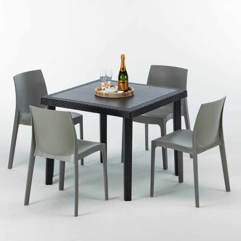 Table carrée et 4 chaises Poly rotin resine bar bistrot cafè exterieur 90x90 noir | Rome gris - GRAND SOLEIL Table carrée et 4 chaises Poly rotin resine bar bistrot cafè exterieur 90x90 noir | Rome gris - GRAND SOLEIL