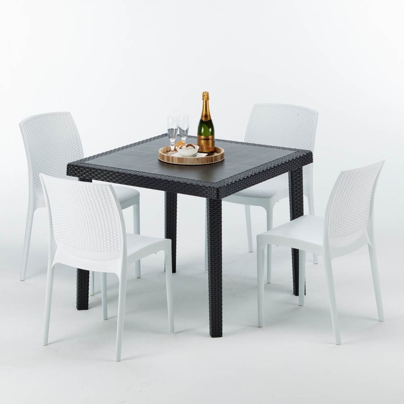 Table carrée et 4 chaises Poly rotin resine bar bistrot cafè exterieur 90x90 noir | Boheme Blanc - GRAND SOLEIL Table carrée et 4 chaises Poly rotin resine bar bistrot cafè exterieur 90x90 noir | Boheme Blanc - GRAND SOLEIL